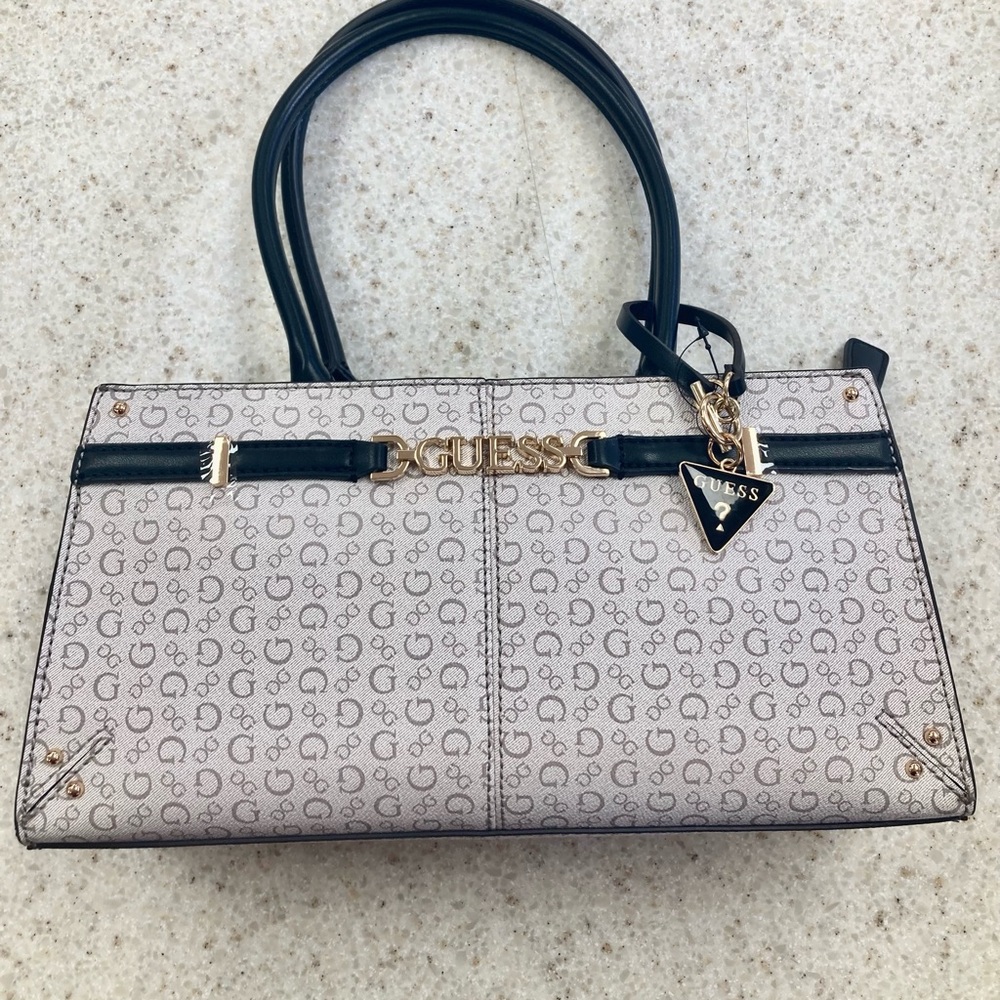 GUESS Monogrammed Beige and Black Satchel